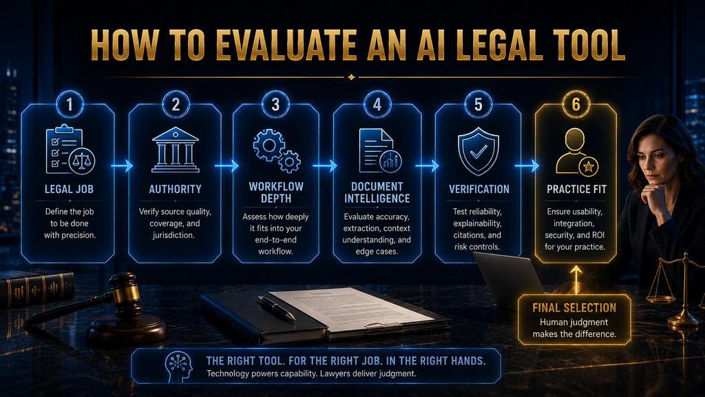 Six-step process for evaluating an AI legal tool based on legal job, authority, workflow, document intelligence, verification and practice fit.