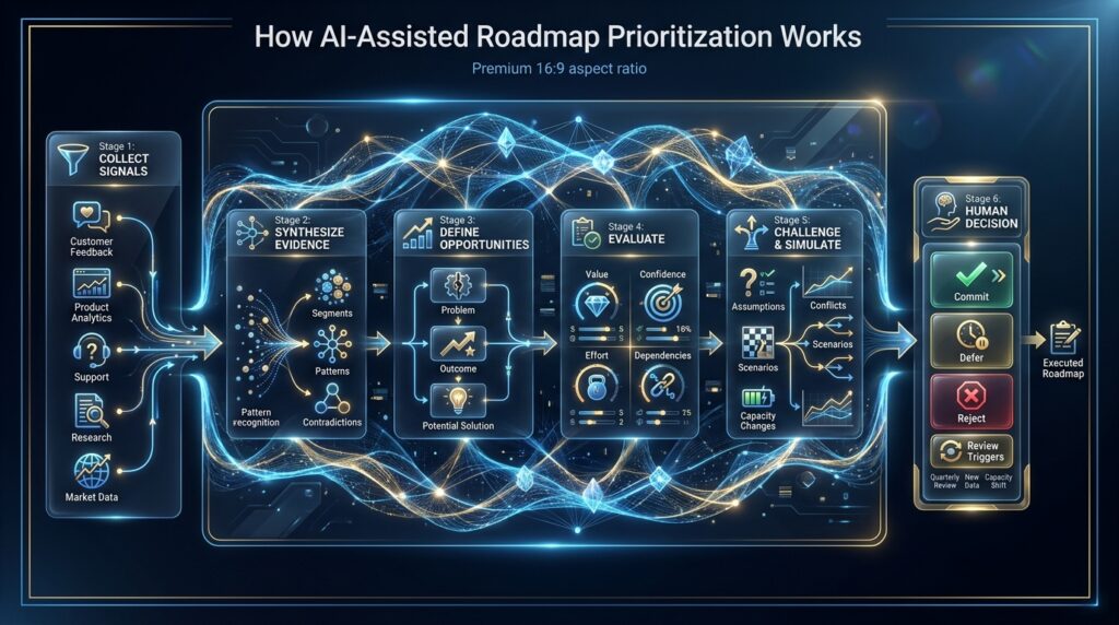 AI-assisted roadmap prioritization workflow showing evidence synthesis, opportunity analysis, scoring, challenge, scenario testing, and human decision.