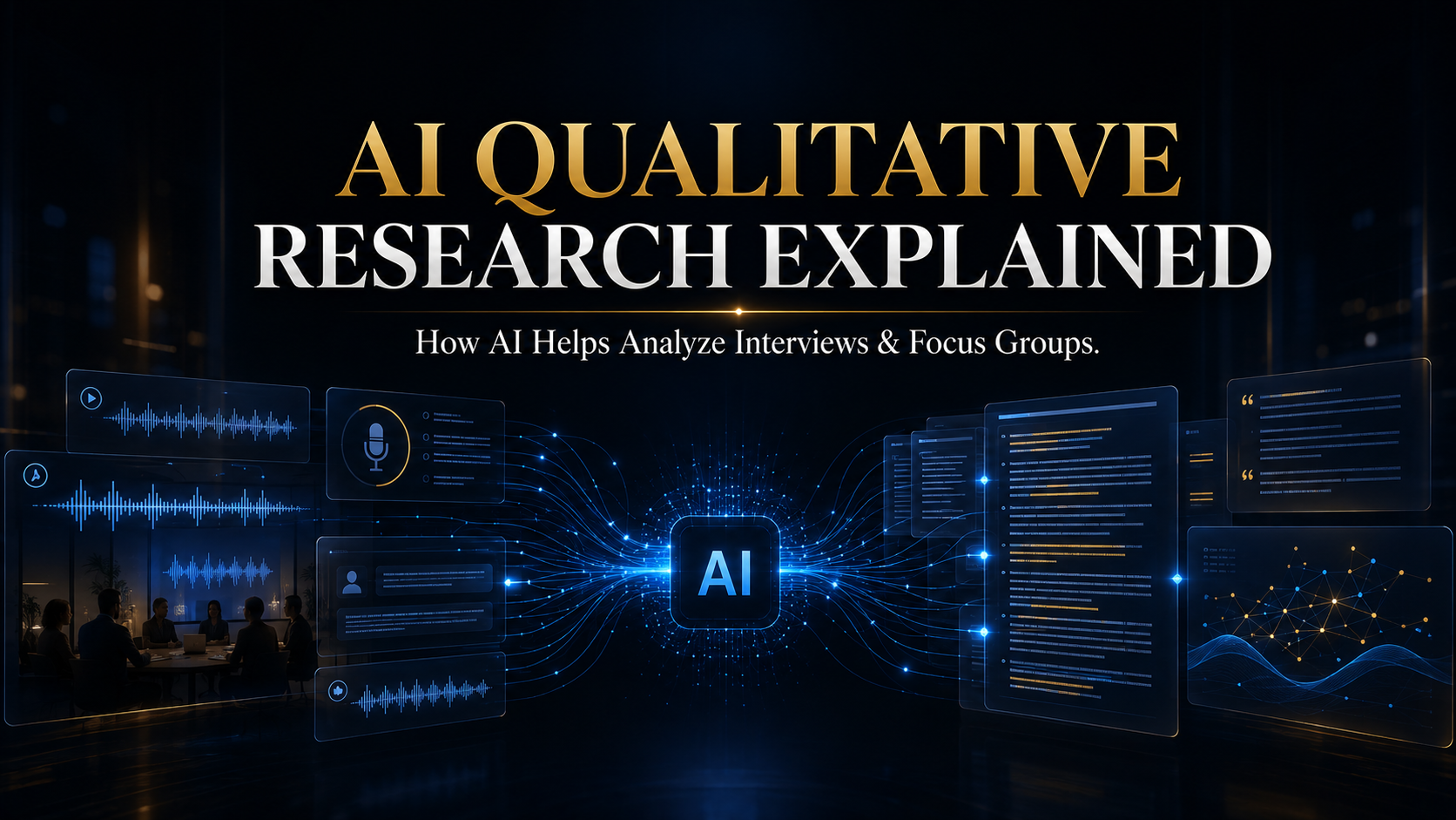 AI-assisted qualitative research concept showing interviews and focus groups becoming searchable research evidence.