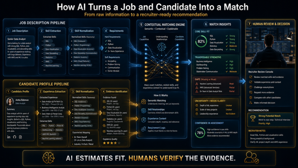 AI job matching process from job skills and candidate evidence to fit analysis and recruiter review