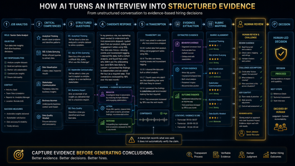 AI interview process from structured questions and candidate responses to evidence extraction and recruiter review