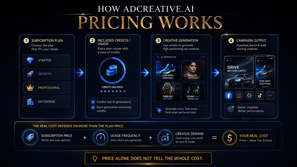 AdCreative.ai pricing structure showing plans, credits and creative usage
