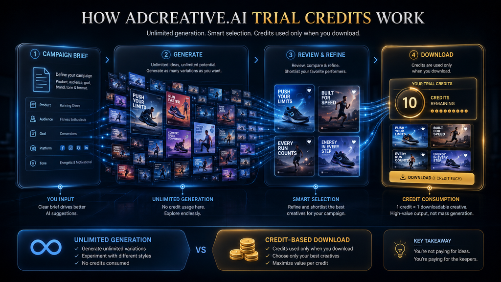 Diagram showing AdCreative.ai credits being consumed at download rather than during unlimited creative generation.