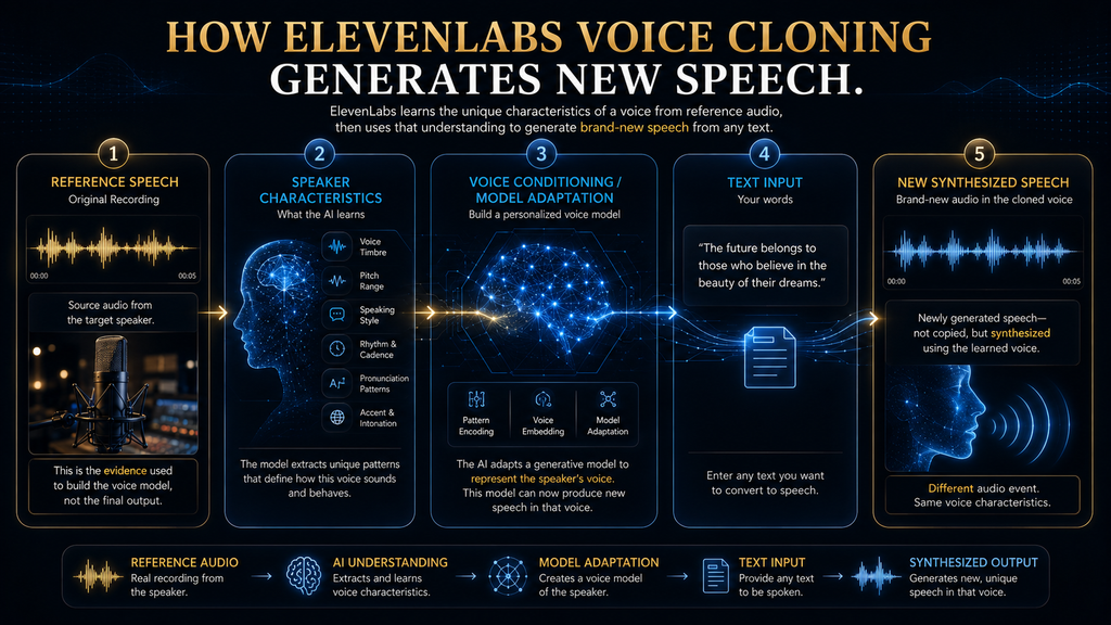 Technical diagram explaining the conceptual process behind ElevenLabs voice cloning.