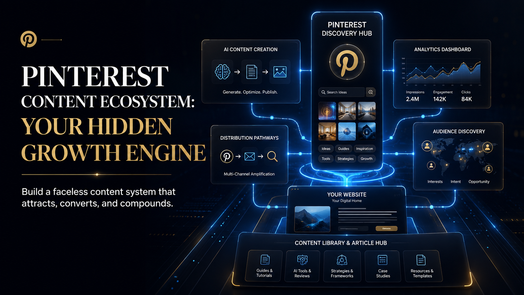 Faceless Pinterest content ecosystem connecting Pins, website content, analytics, and audience discovery
