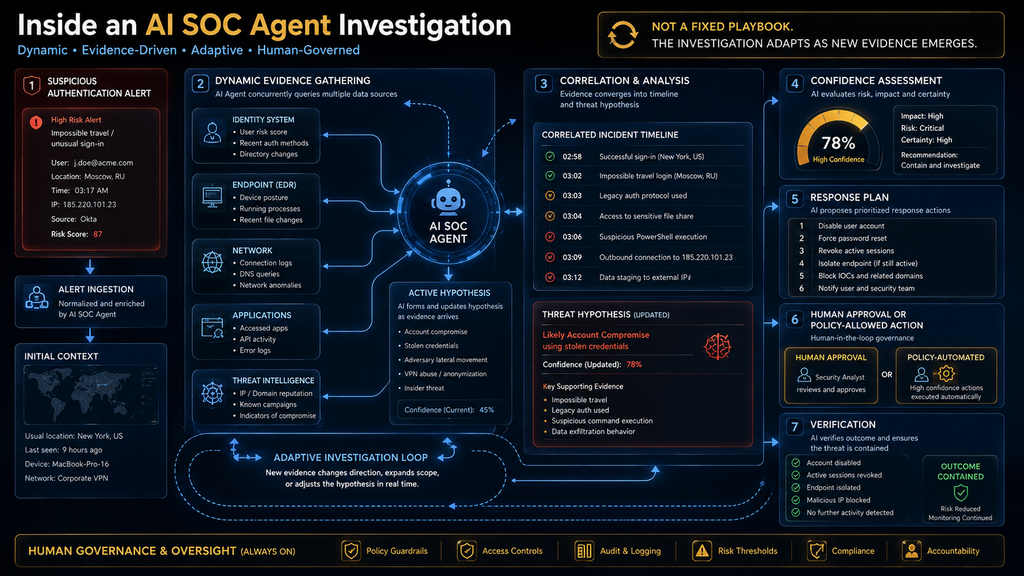 AI SOC agent dynamically investigating a suspicious login across identity, endpoint, network, application and threat intelligence systems