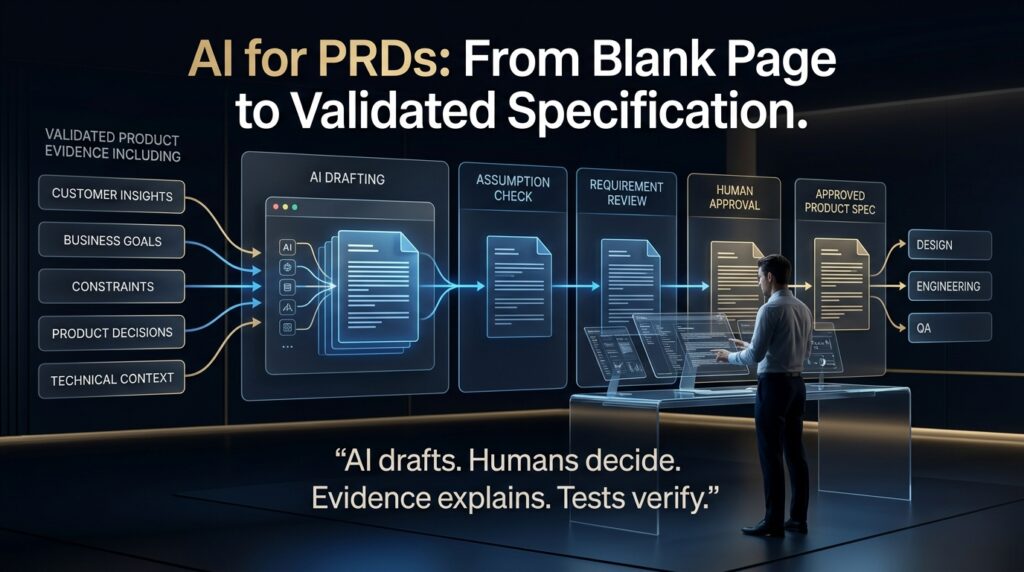 AI-assisted PRD workflow showing evidence, drafting, requirement review and human approval. AI for PRDs