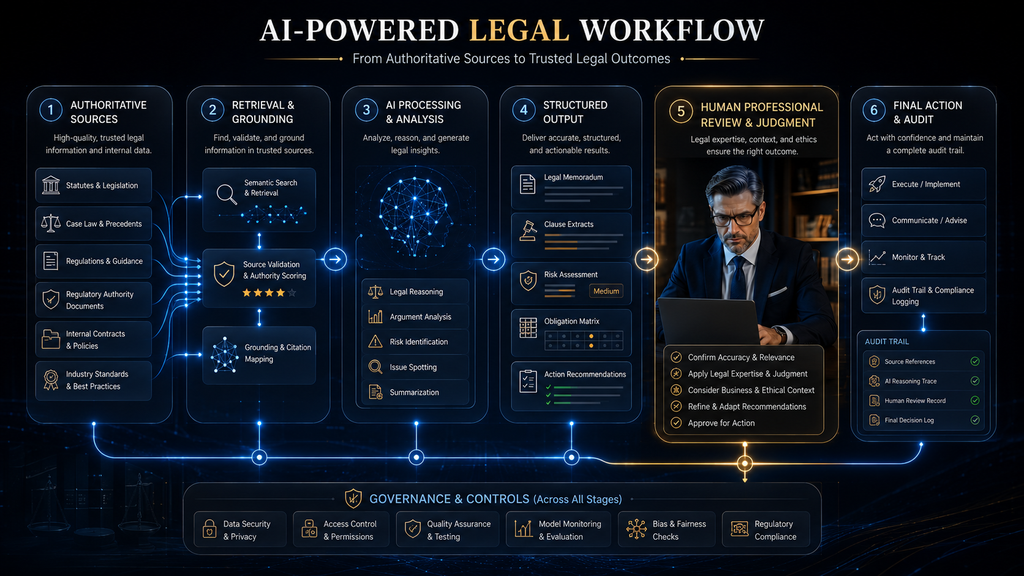 AI legal workflow moving from source material through retrieval, AI processing, structured output, human review and audit.