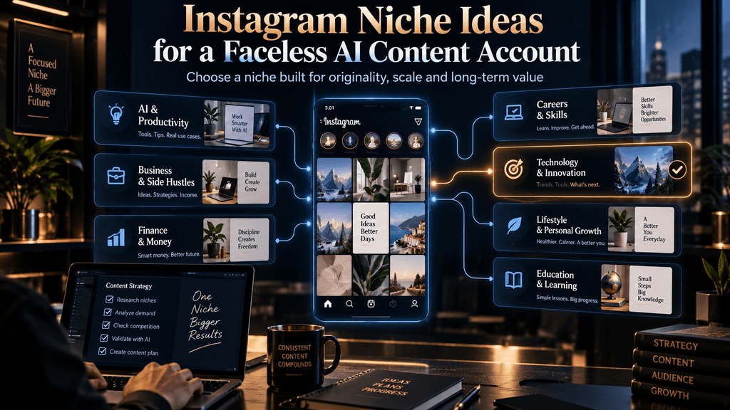 Instagram niche ideas for a faceless AI content account, showing multiple content paths converging into one focused niche strategy.