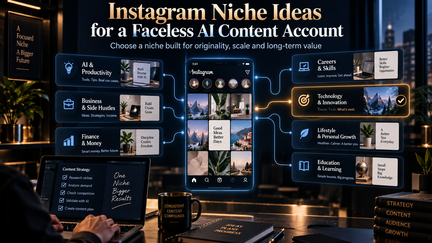 Instagram niche ideas for a faceless AI content account, showing multiple content paths converging into one focused niche strategy.