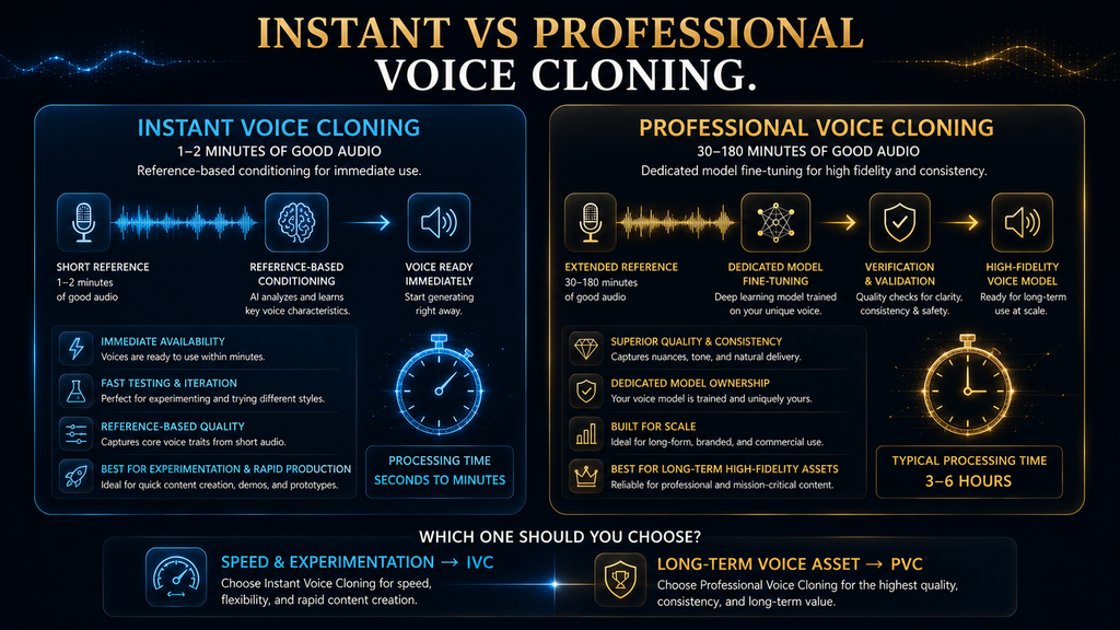 Comparison of ElevenLabs Instant Voice Cloning and Professional Voice Cloning.