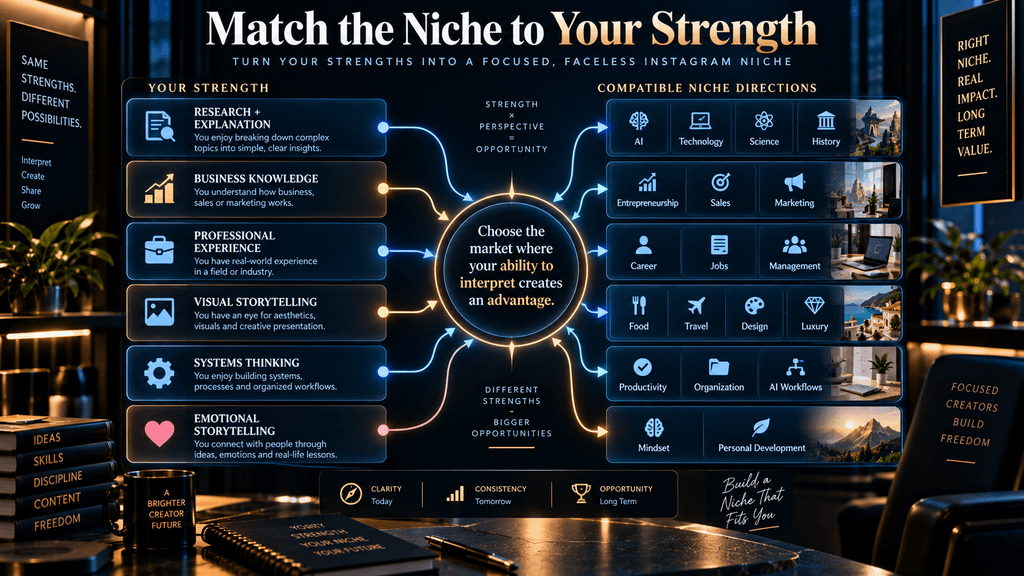 Faceless Instagram niche recommendations matched to creator strengths such as research, business knowledge, professional experience, visual storytelling and systems thinking.