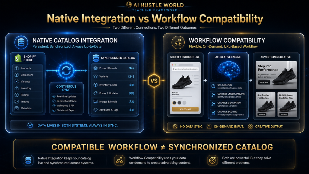 Comparison of native Shopify catalog integration and AdCreative.ai workflow compatibility.