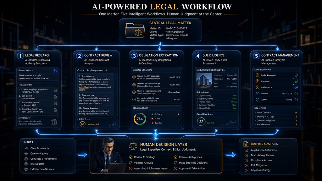 Legal matter branching into AI legal research, contract review, obligation extraction, due diligence and contract management workflows.