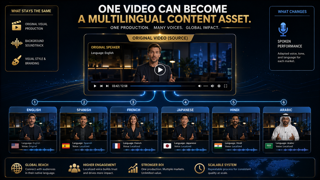 One original video transformed into multiple multilingual versions through AI dubbing.