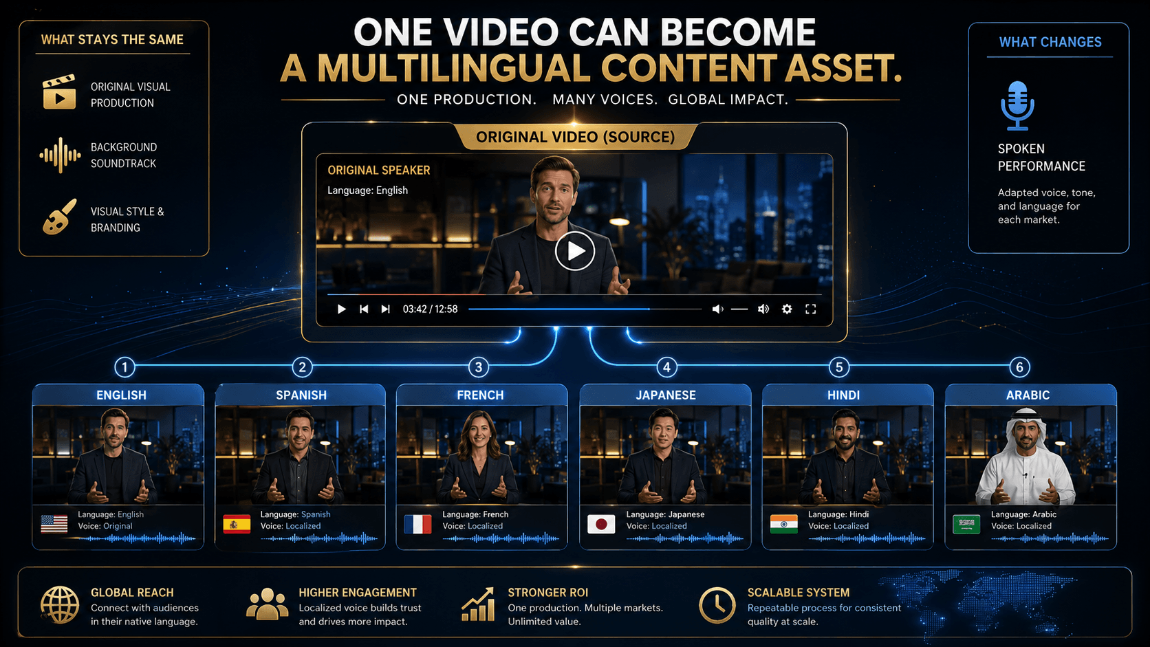 One original video transformed into multiple multilingual versions through AI dubbing. ElevenLabs Dubbing Explained