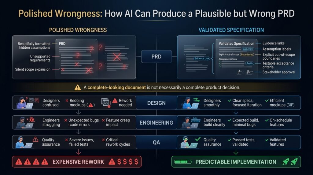 Comparison showing how polished AI-generated PRDs can hide unsupported requirements and cause downstream rework