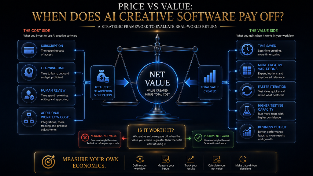 AdCreative.ai pricing value framework comparing subscription cost with time savings and creative output