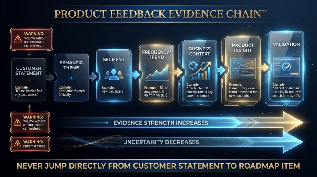 Product Feedback Evidence Chain connecting customer statements to validated product insights