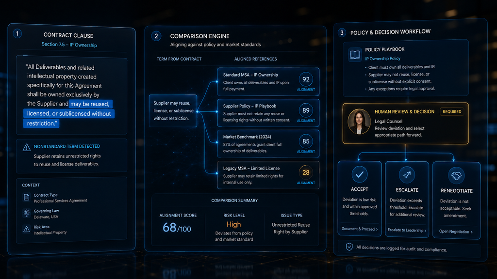 AI compares a contract clause with a policy playbook before a human makes a risk decision.  