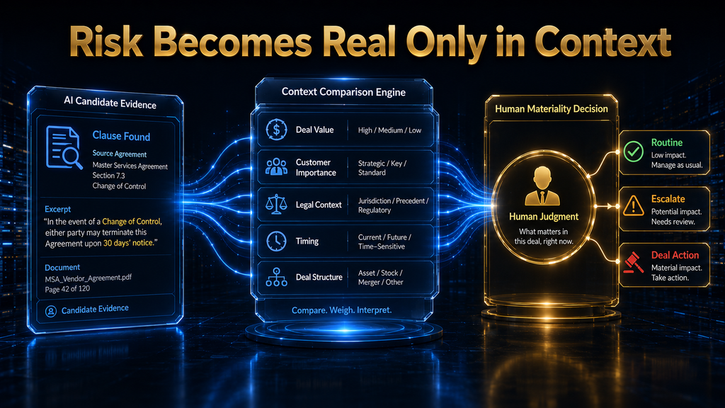 AI candidate evidence is evaluated against transaction value, relationship importance, legal context, and human materiality judgment.  