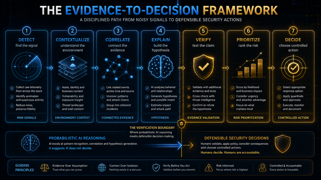 AI Hustle World Evidence-to-Decision Framework for turning security signals into verified cybersecurity decisions.