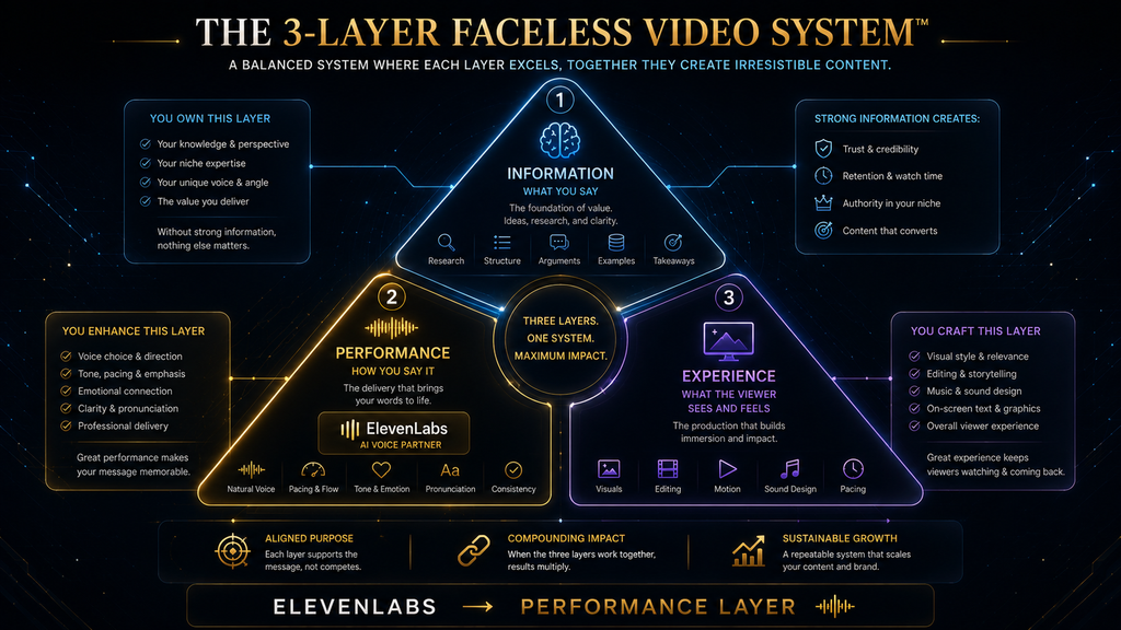 Three-layer faceless video framework showing where ElevenLabs fits