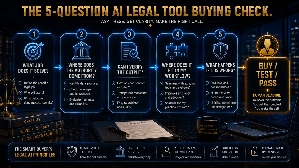 Five-question framework for deciding whether an AI legal tool is suitable for a professional legal workflow.
