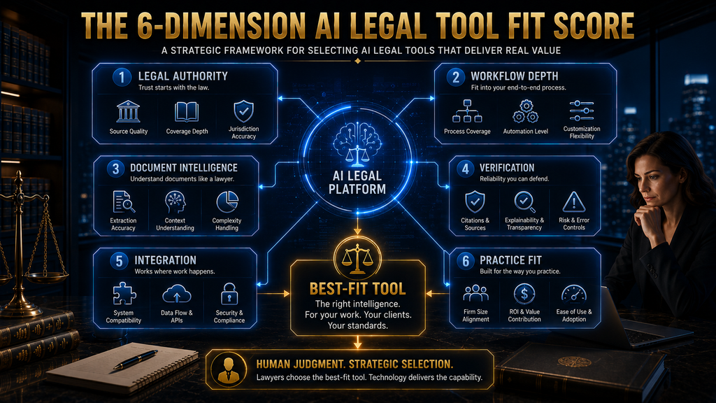 AI Hustle World six-dimension framework for evaluating AI legal tools by authority, workflow depth, document intelligence, verification, integration and practice fit.