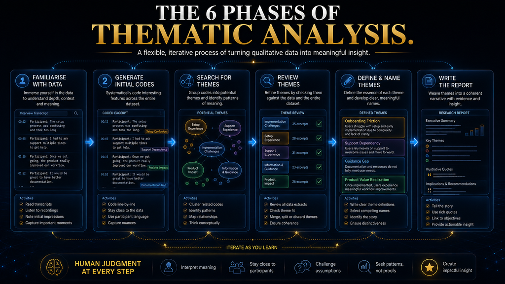 Six connected phases of thematic analysis from data familiarization through coding, themes, review and reporting.