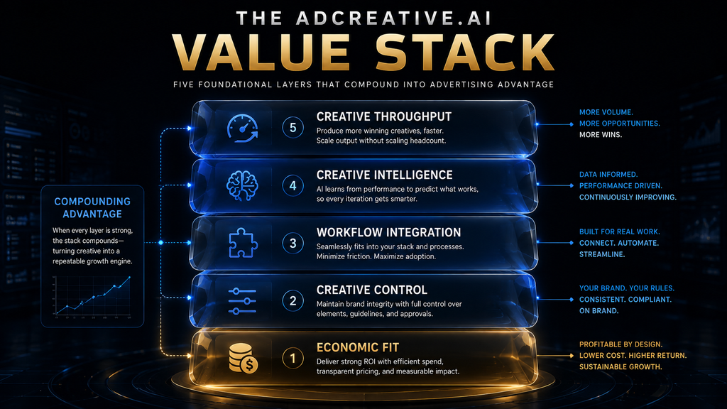 AI Hustle World framework evaluating AdCreative.ai through throughput, intelligence, integration, control, and economics.