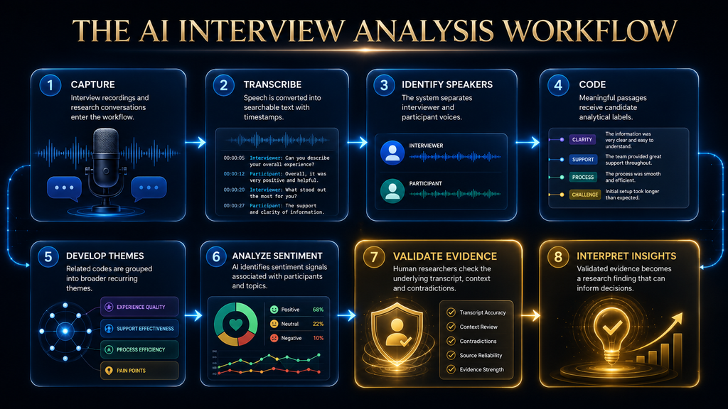 Eight-stage AI interview analysis workflow from capturing interviews through transcription, coding, themes, sentiment, validation and final insights.