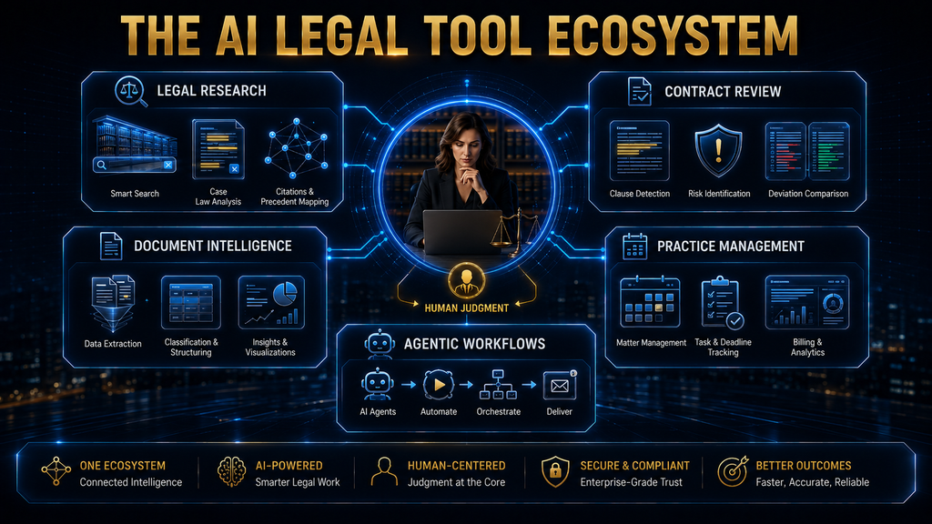 AI legal tool ecosystem showing research, contract review, document intelligence, practice management and agentic workflow categories.