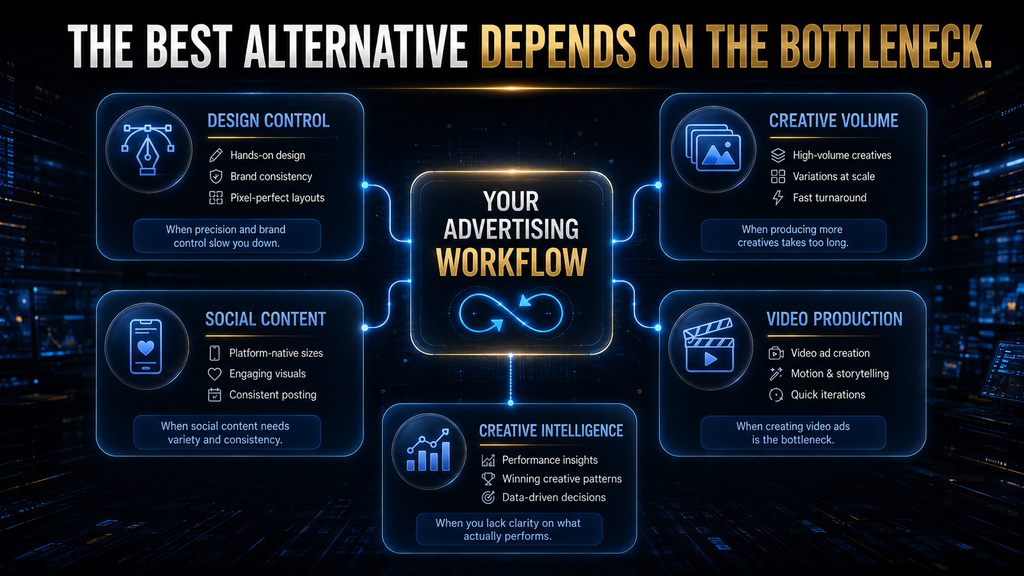 Decision framework showing five advertising workflow needs that determine which AdCreative.ai alternative is most suitable.
