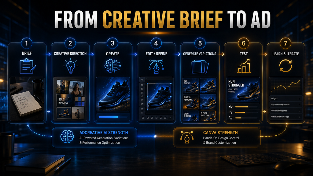 Advertising workflow showing where Canva and AdCreative.ai differ from creative brief through iteration.