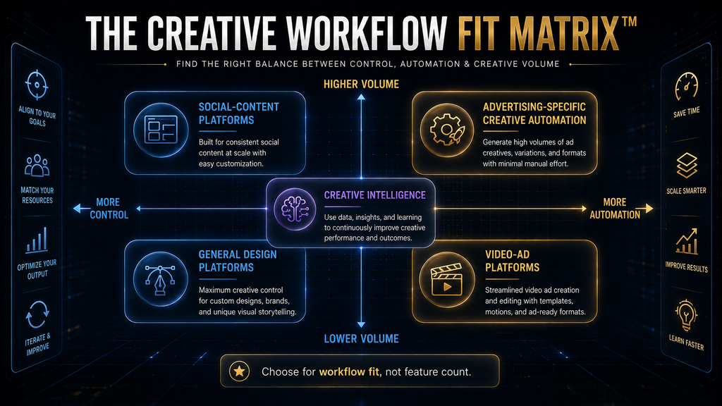 AI Hustle World Creative Workflow Fit Matrix comparing control, automation, production volume and specialized creative workflows.