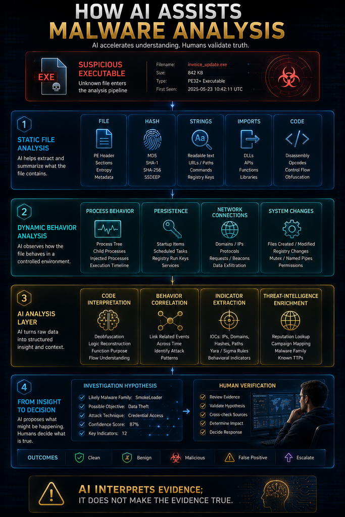 AI-assisted malware analysis showing code, behavior, network evidence, threat intelligence and human verification.