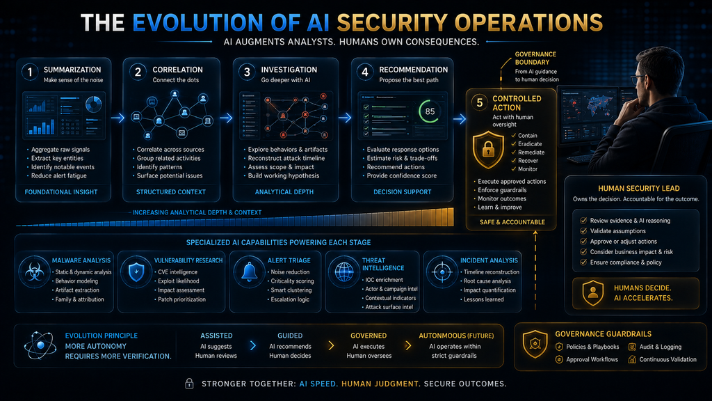 Evolution of AI security operations from summarization and correlation to investigation, recommendations and controlled action.