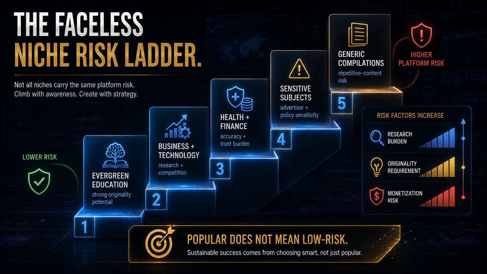 Faceless YouTube niche risk ladder showing competition, accuracy and monetization risks