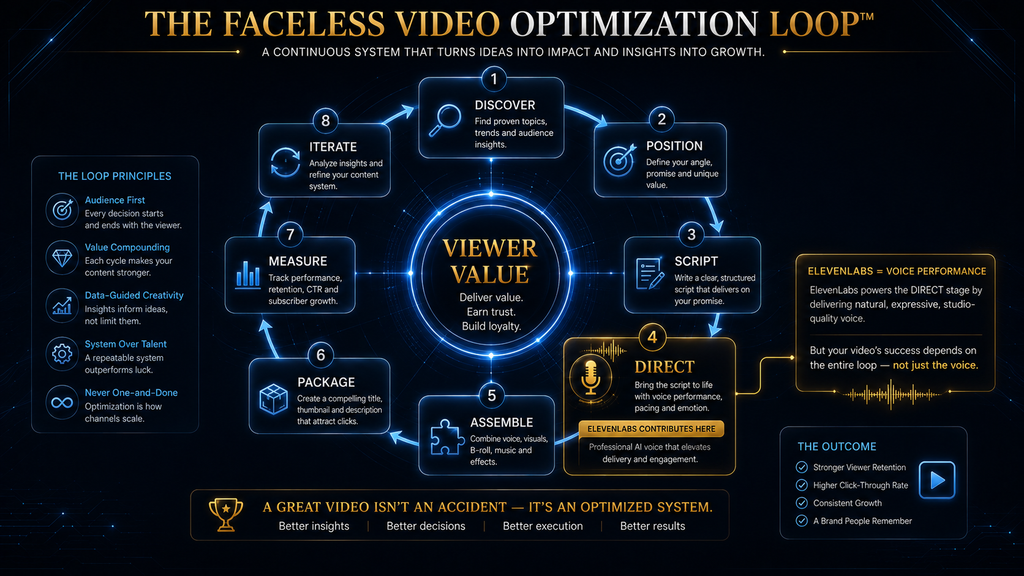 Faceless YouTube optimization loop from topic discovery to analytics and iteratio