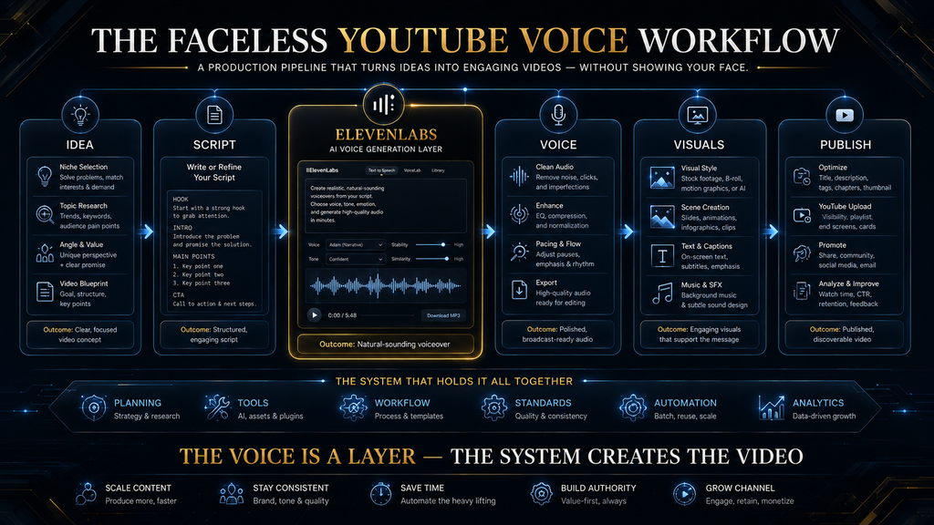 Faceless YouTube production workflow using ElevenLabs for AI narration