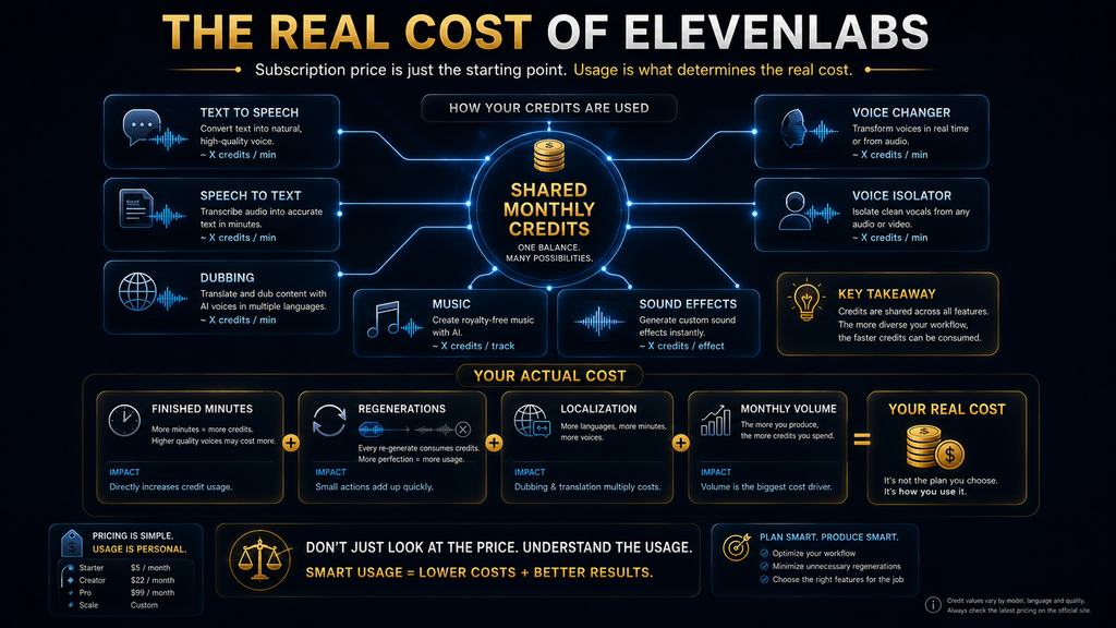 ElevenLabs pricing framework showing shared credits across text-to-speech, dubbing, music, sound effects and voice tools.
