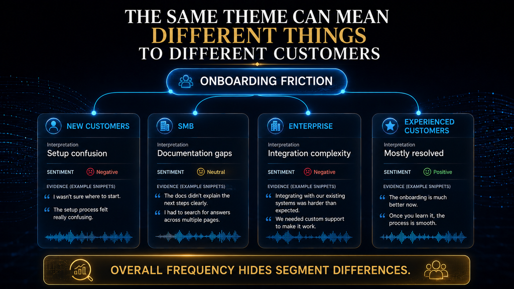 AI conversation analysis showing how the same theme differs across customer segments.