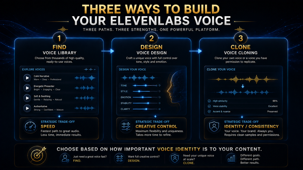 Three-path ElevenLabs voice creation framework showing Voice Library, Voice Design and Voice Cloning.