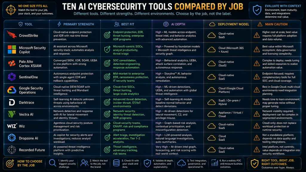 Comparison of ten AI cybersecurity tools by primary strength, target environment and deployment fit.