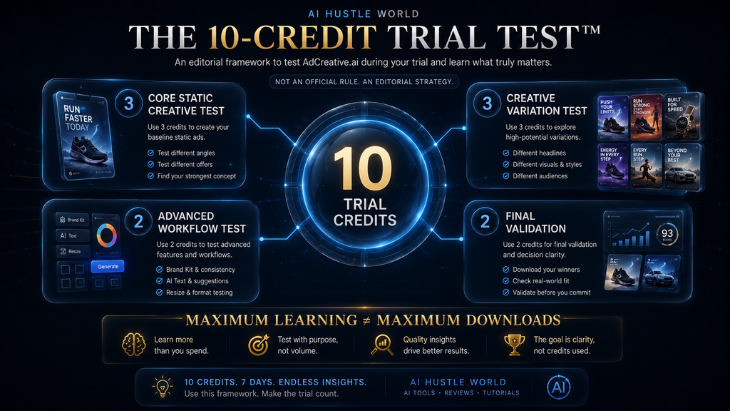 AI Hustle World 10-Credit Trial Test framework allocating AdCreative.ai trial credits across testing, variation, advanced workflows and final validation.