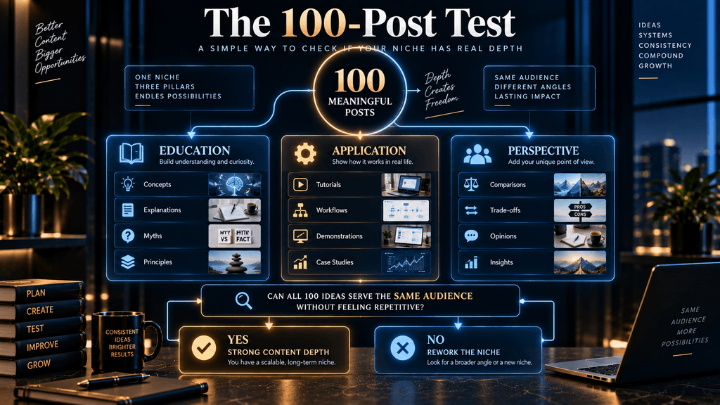 The 100-Post Test evaluates a faceless Instagram niche through education, application and perspective content pillars to determine whether it has enough depth.