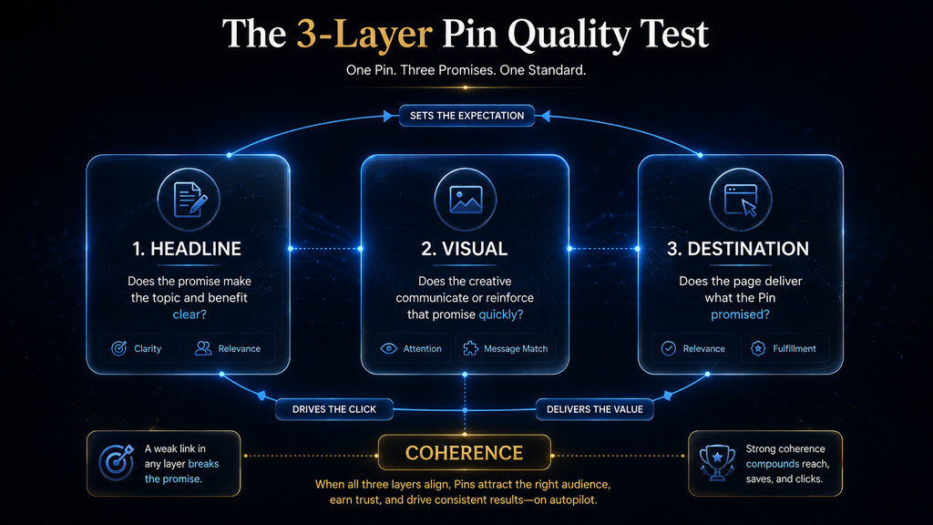 Three-layer Pin quality framework covering headline, visual, and destination