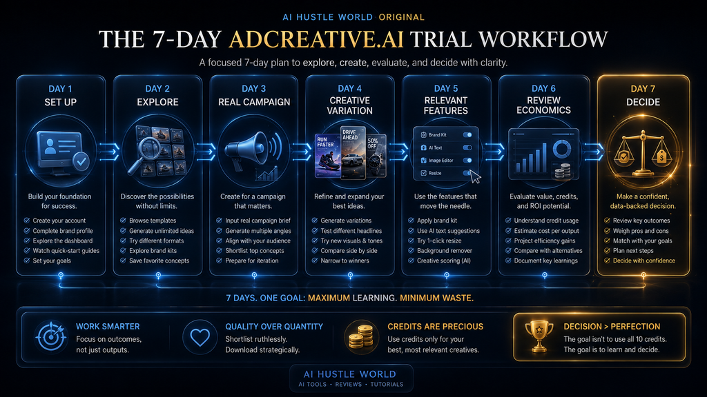 Seven-day AdCreative.ai free trial workflow from setup and exploration to campaign testing, economics review and final decision.