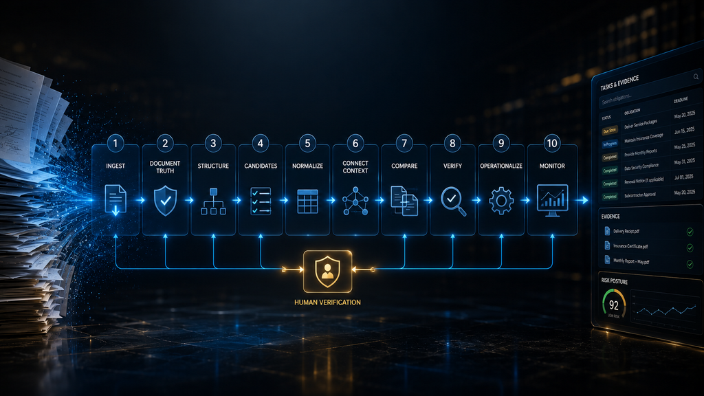 Ten-stage AI Contract Obligation Pipeline from document ingestion to monitored completion. 